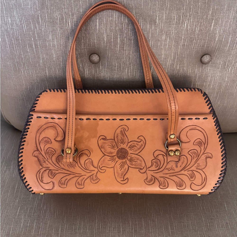 Chic Floral Hand Tooled Brown Leather Bag